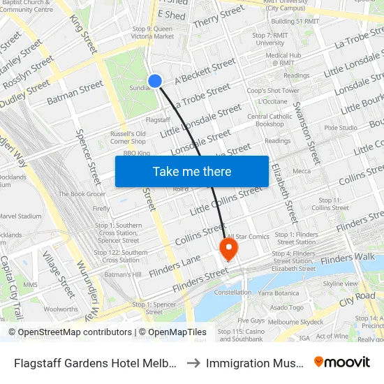 Flagstaff Gardens Hotel Melbourne to Immigration Museum map