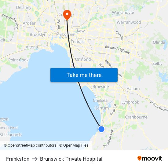 Frankston to Brunswick Private Hospital map