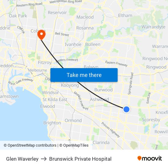 Glen Waverley to Brunswick Private Hospital map