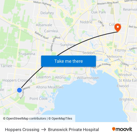 Hoppers Crossing to Brunswick Private Hospital map