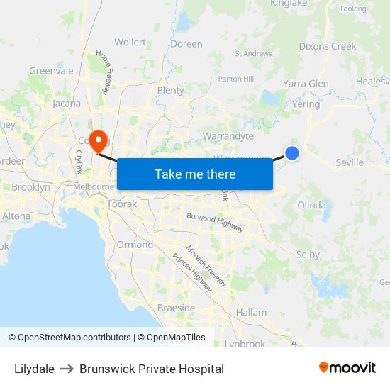 Lilydale to Brunswick Private Hospital map