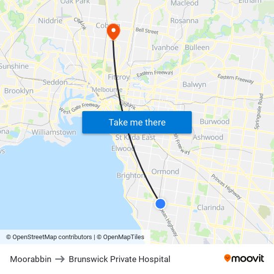 Moorabbin to Brunswick Private Hospital map