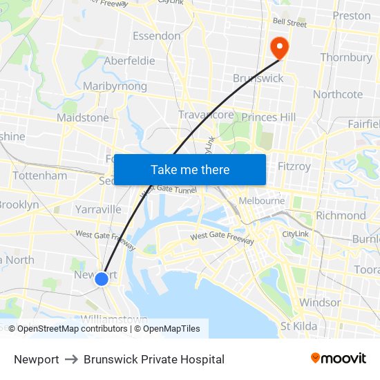 Newport to Brunswick Private Hospital map