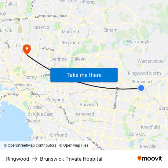 Ringwood to Brunswick Private Hospital map