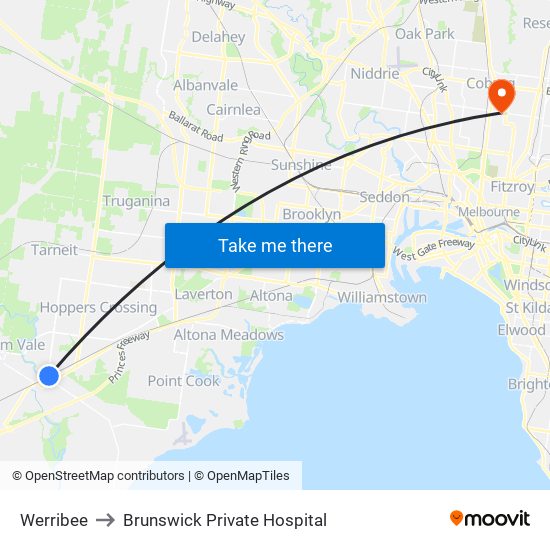 Werribee to Brunswick Private Hospital map