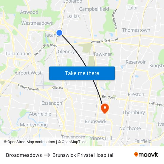 Broadmeadows to Brunswick Private Hospital map