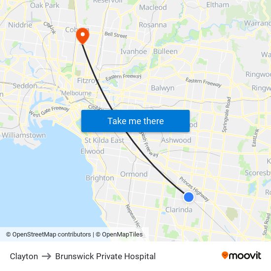 Clayton to Brunswick Private Hospital map