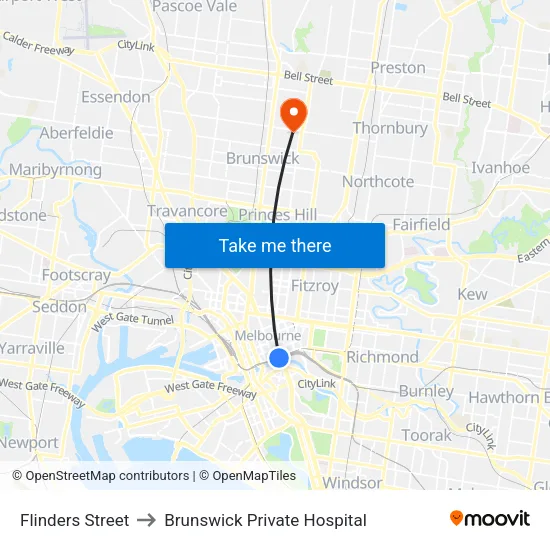 Flinders Street to Brunswick Private Hospital map