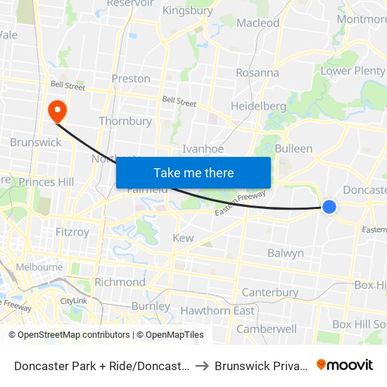 Doncaster Park + Ride/Doncaster Rd (Doncaster) to Brunswick Private Hospital map