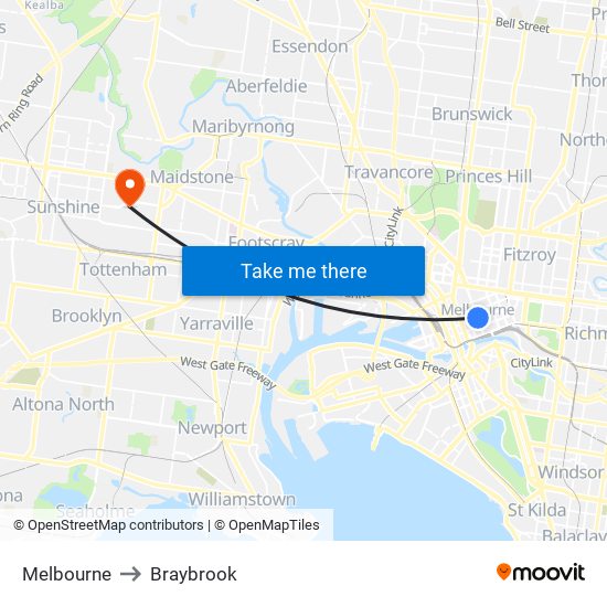 Melbourne to Braybrook map