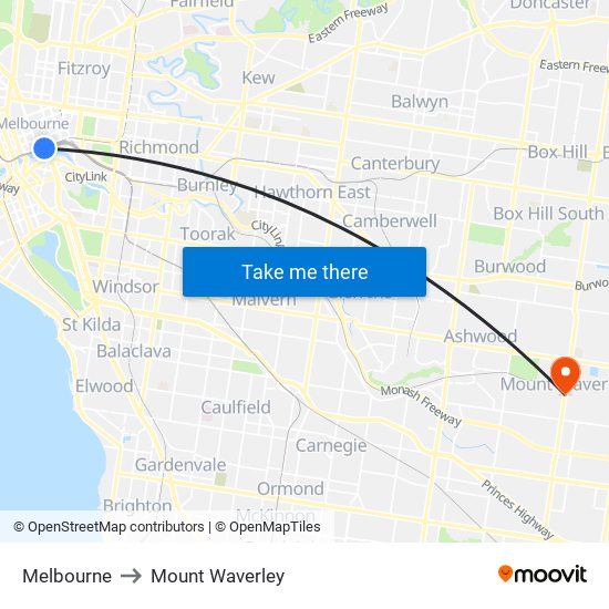 Melbourne to Mount Waverley map