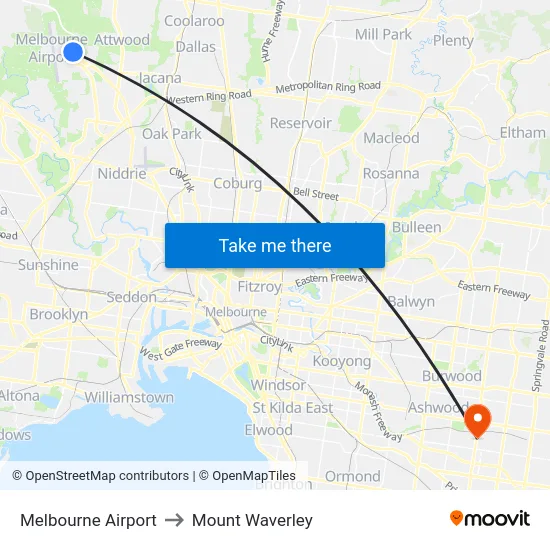Melbourne Airport to Mount Waverley map