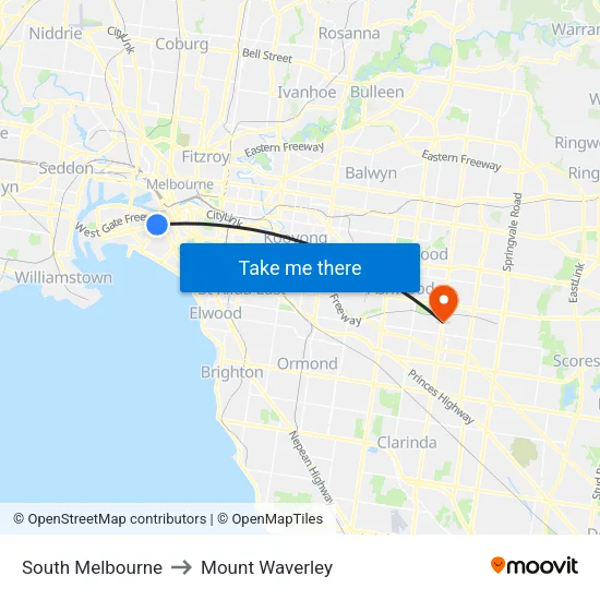 South Melbourne to Mount Waverley map