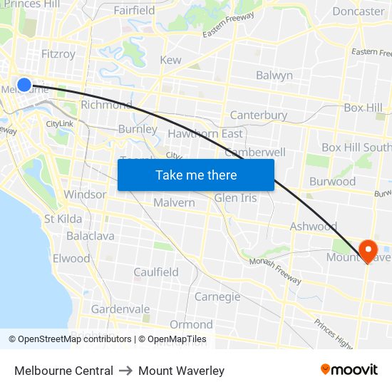 Melbourne Central to Mount Waverley map