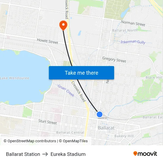Ballarat Station to Eureka Stadium map
