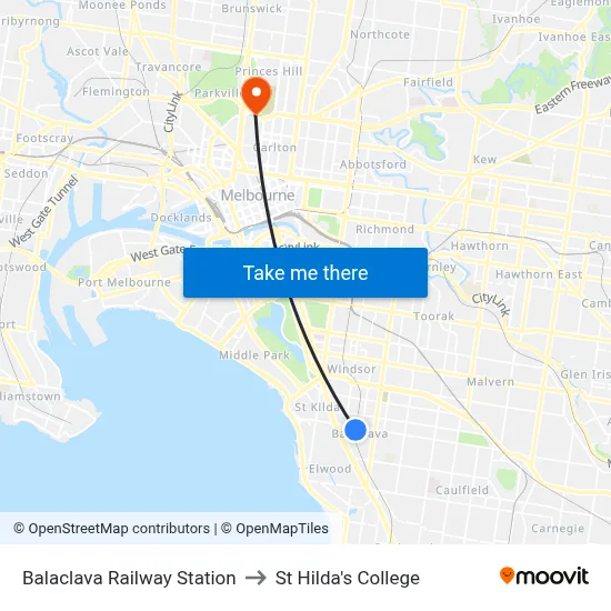 Balaclava Railway Station to St Hilda's College map