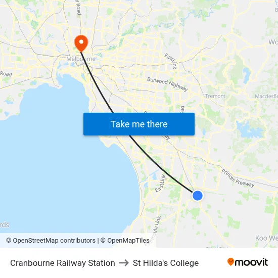 Cranbourne Railway Station to St Hilda's College map