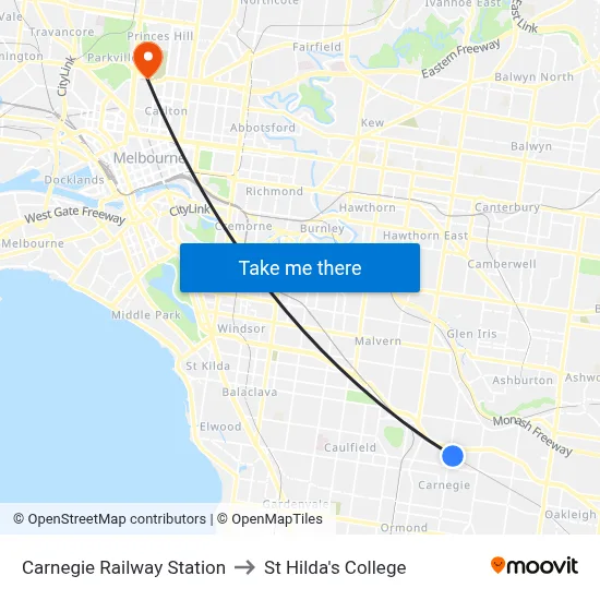 Carnegie Railway Station to St Hilda's College map