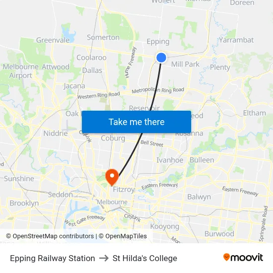 Epping Railway Station to St Hilda's College map