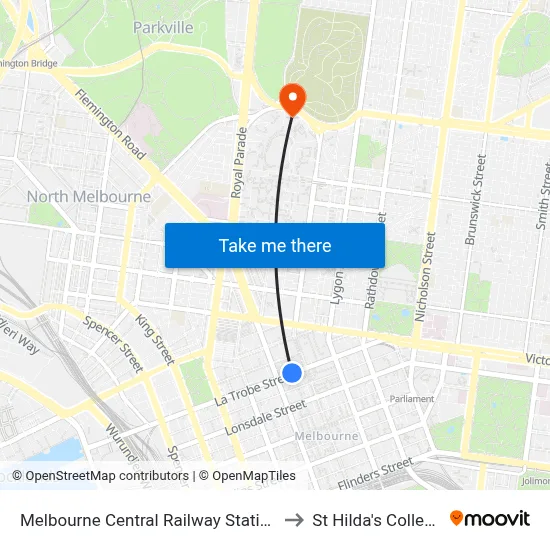 Melbourne Central Railway Station to St Hilda's College map