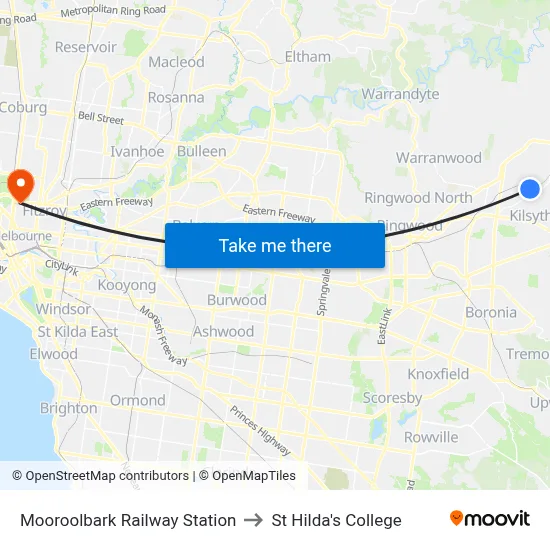 Mooroolbark Railway Station to St Hilda's College map