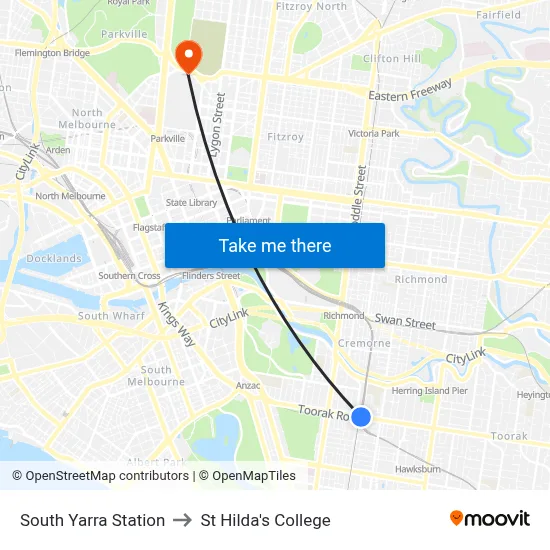 South Yarra Station to St Hilda's College map