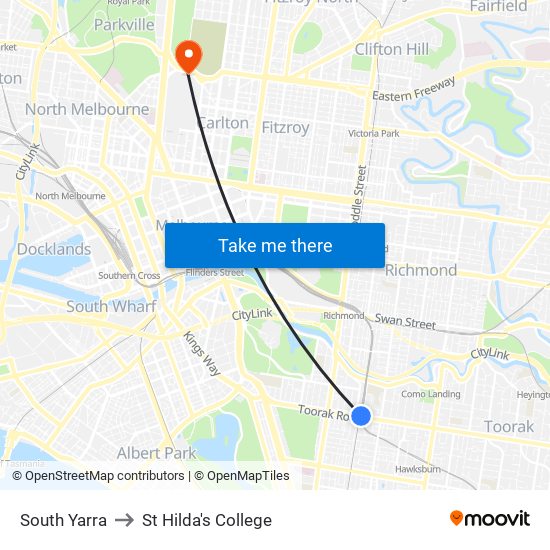 South Yarra to St Hilda's College map