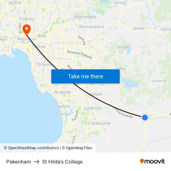 Pakenham to St Hilda's College map