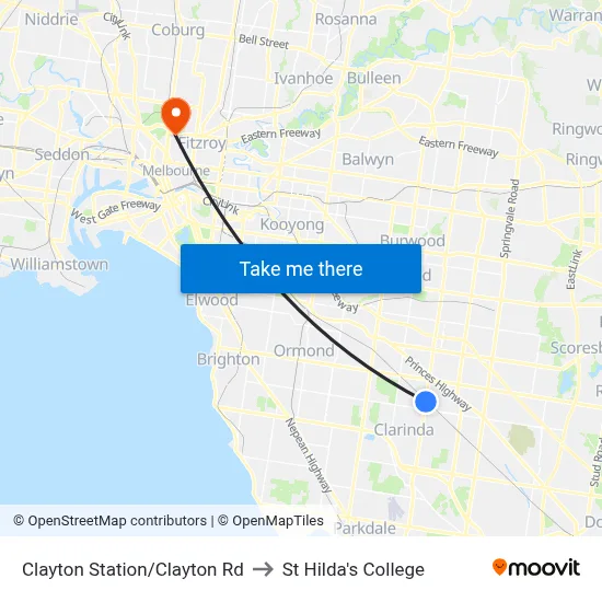Clayton Station/Clayton Rd to St Hilda's College map