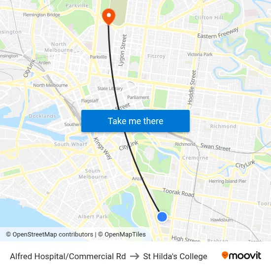 Alfred Hospital/Commercial Rd to St Hilda's College map
