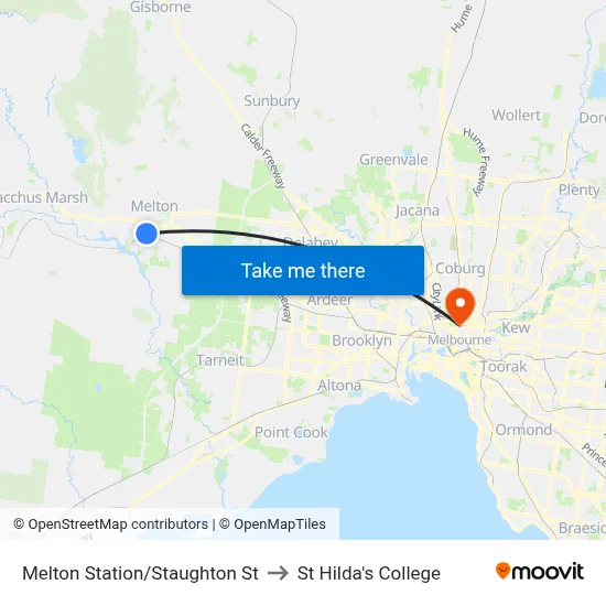 Melton Station/Staughton St to St Hilda's College map