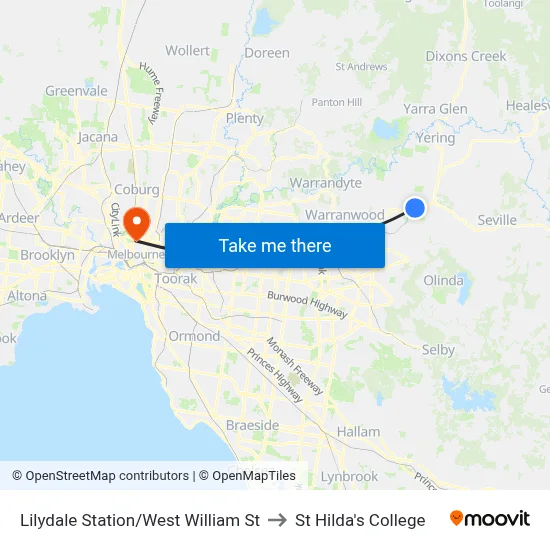 Lilydale Station/West William St to St Hilda's College map