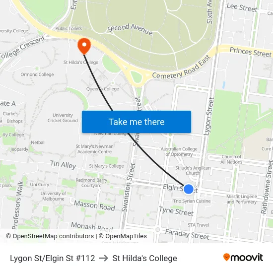 Lygon St/Elgin St #112 to St Hilda's College map