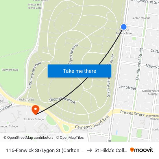116-Fenwick St/Lygon St (Carlton North) to St Hilda's College map