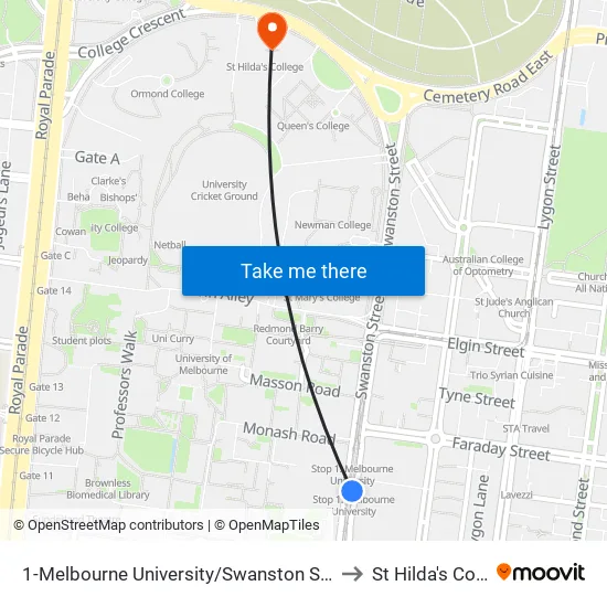 Melbourne University/Swanston St #1 to St Hilda's College map