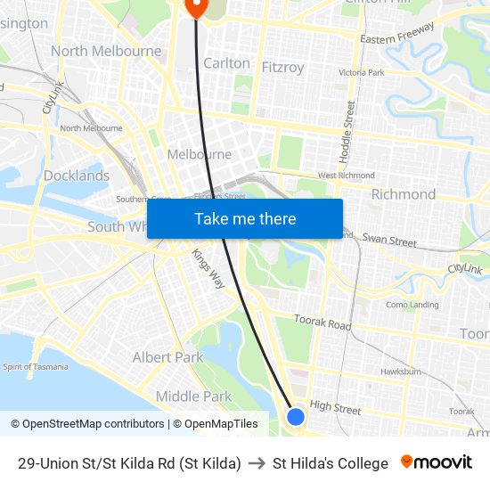 29-Union St/St Kilda Rd (St Kilda) to St Hilda's College map