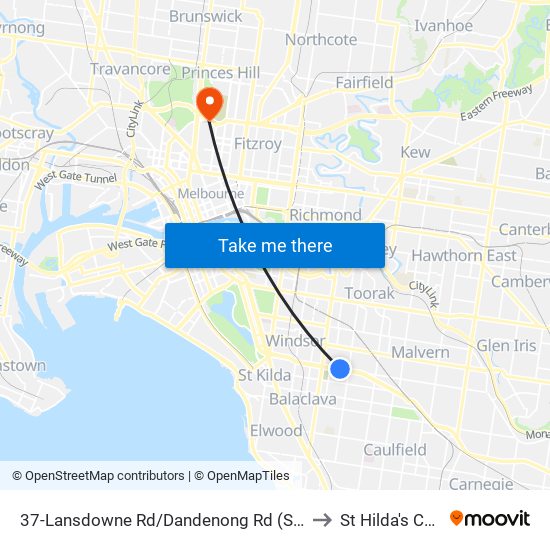 37-Lansdowne Rd/Dandenong Rd (St Kilda East) to St Hilda's College map