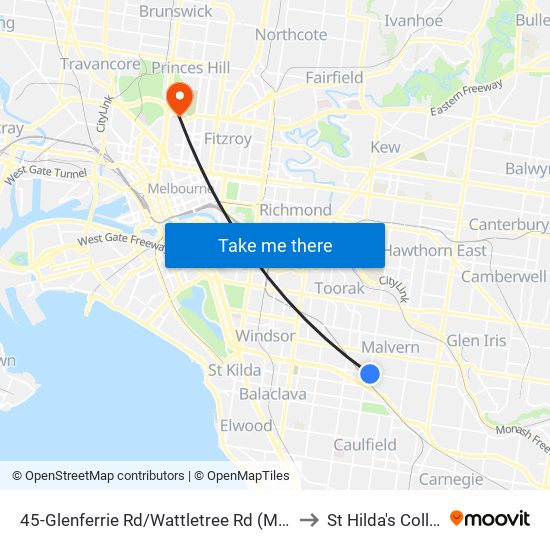 45-Glenferrie Rd/Wattletree Rd (Malvern) to St Hilda's College map