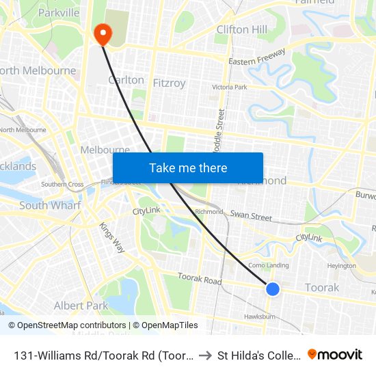 131-Williams Rd/Toorak Rd (Toorak) to St Hilda's College map