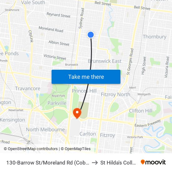 130-Barrow St/Moreland Rd (Coburg) to St Hilda's College map