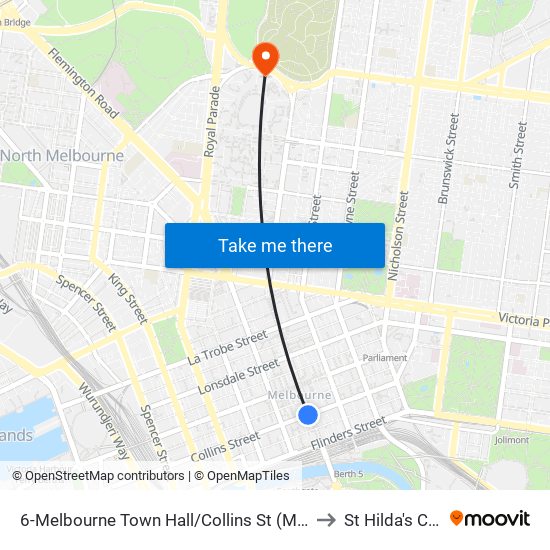 6-Melbourne Town Hall/Collins St (Melbourne City) to St Hilda's College map
