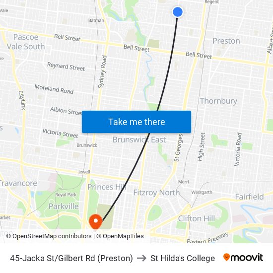 45-Jacka St/Gilbert Rd (Preston) to St Hilda's College map