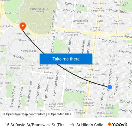 St David St/Brunswick St #15 to St Hilda's College map