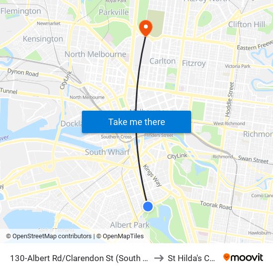 130-Albert Rd/Clarendon St (South Melbourne) to St Hilda's College map