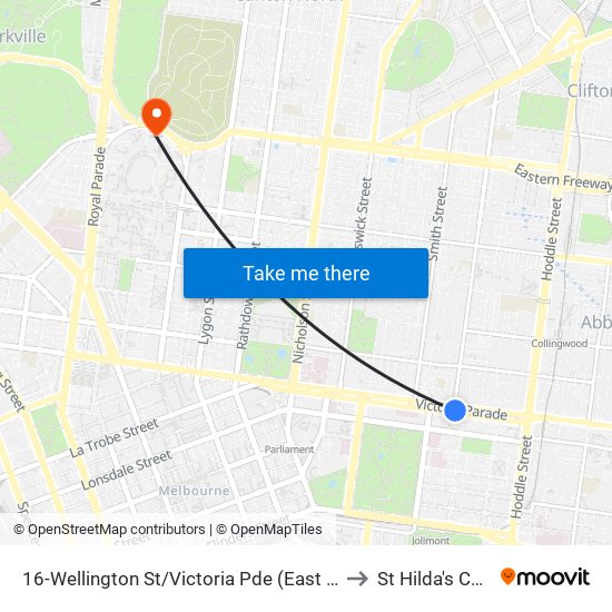 16-Wellington St/Victoria Pde (East Melbourne) to St Hilda's College map