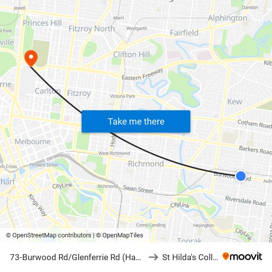 73-Burwood Rd/Glenferrie Rd (Hawthorn) to St Hilda's College map