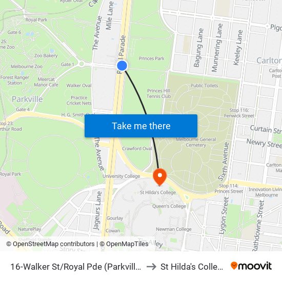 16-Walker St/Royal Pde (Parkville) to St Hilda's College map