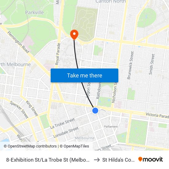 8-Exhibition St/La Trobe St (Melbourne City) to St Hilda's College map