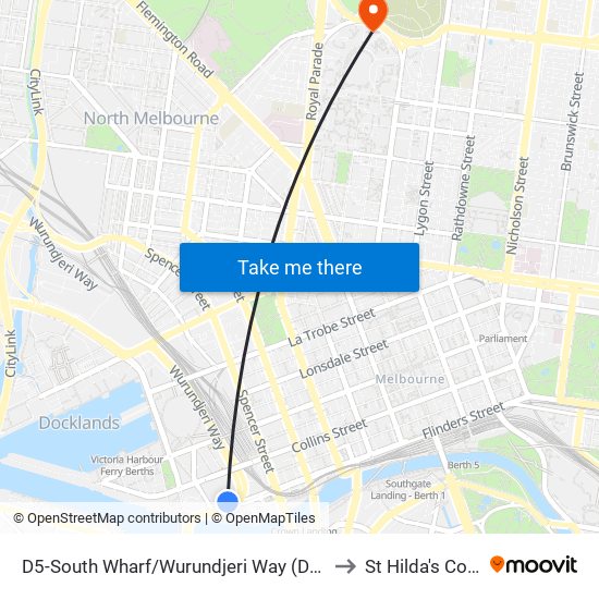 D5-South Wharf/Wurundjeri Way (Docklands) to St Hilda's College map