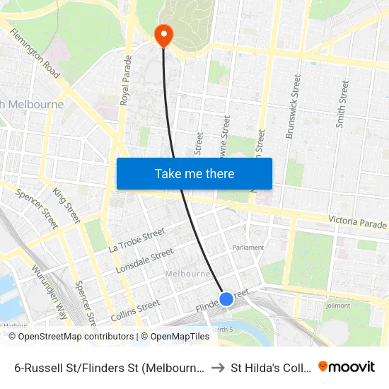 Russell St/Flinders St #6 to St Hilda's College map